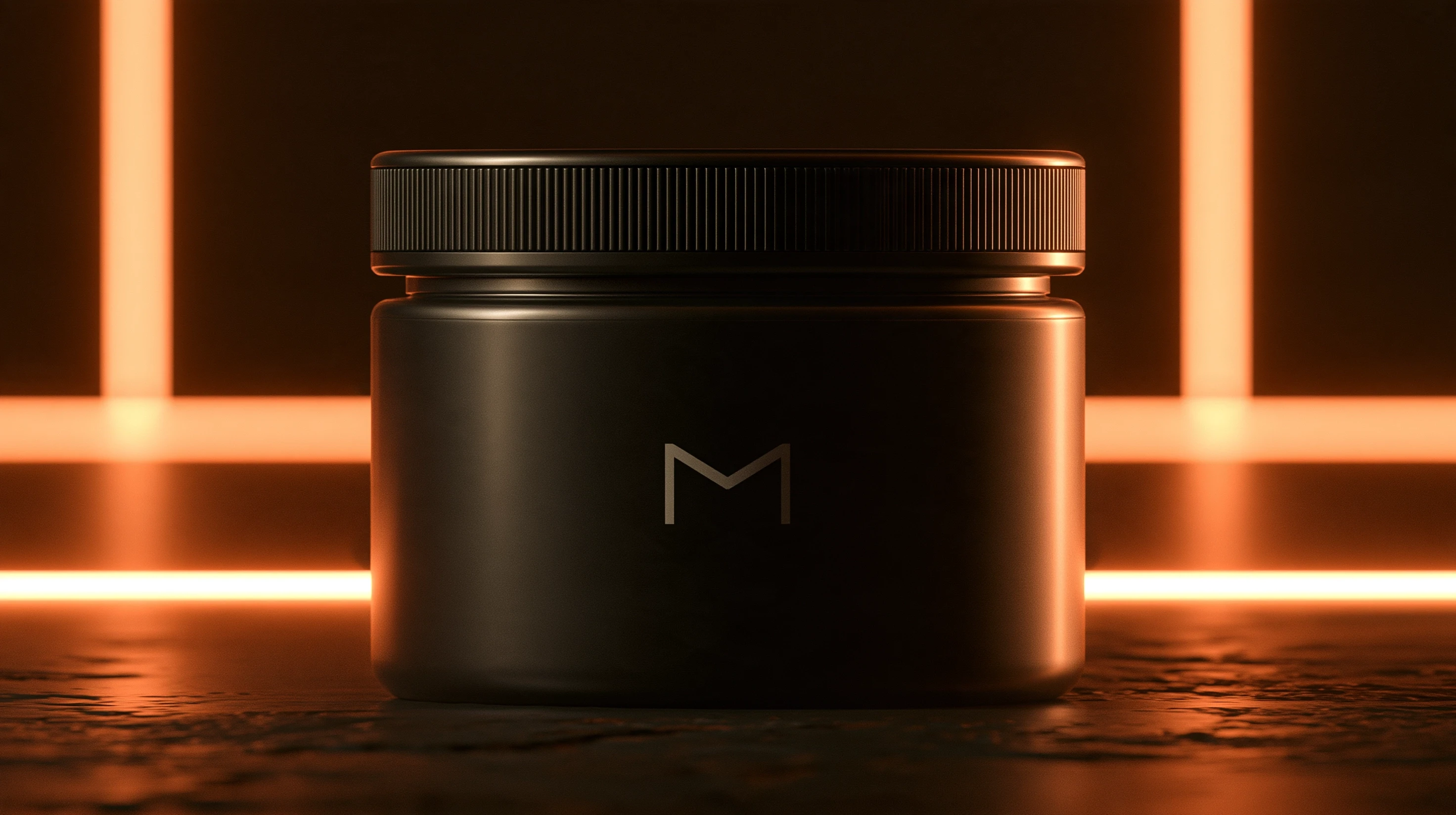 Dark jar with a ribbed lid and angular front mark, framed by warm orange strip lighting.