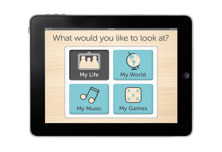 A black iPad displays a screen asking "What would you like to look at?" with four options: "My Life," "My World," "My Music," and "My Games." Each option is accompanied by a simple icon: a family photo, a globe, a musical note, and a dice. The time shown is 4:20 AM.