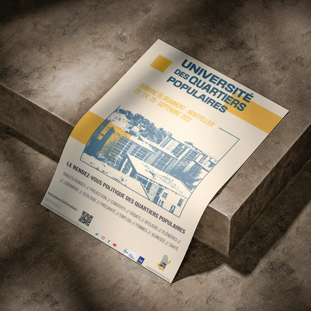 Affiche de l'université des quartiers populaire reposant sur un marche en beton
