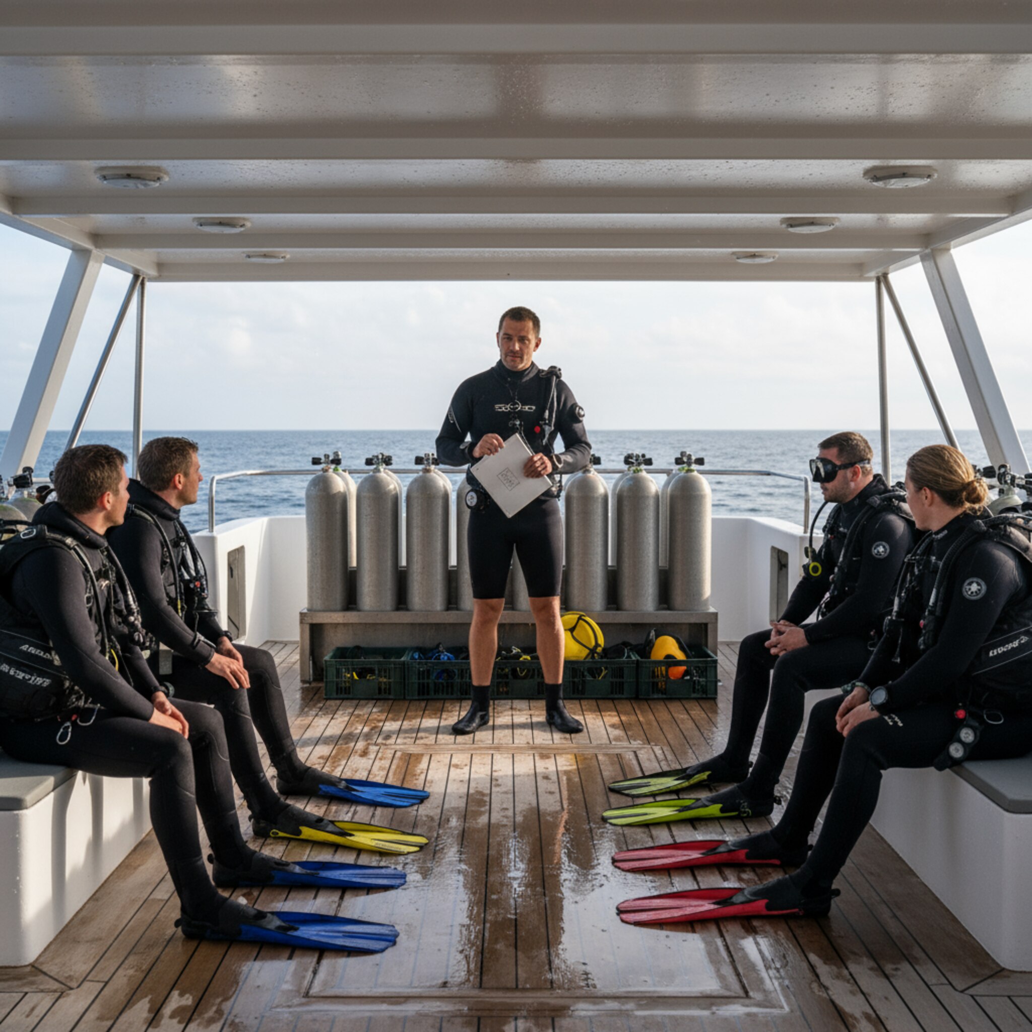 Realistisches Foto, Instruktor gibt Briefing auf dem Deck eines Tauchbootes, Taucher sitzen mit angelegten BCDs und Flossen bereit, Tankreihen im Hintergrund, ruhige See, natürliche Reportageaufnahme.