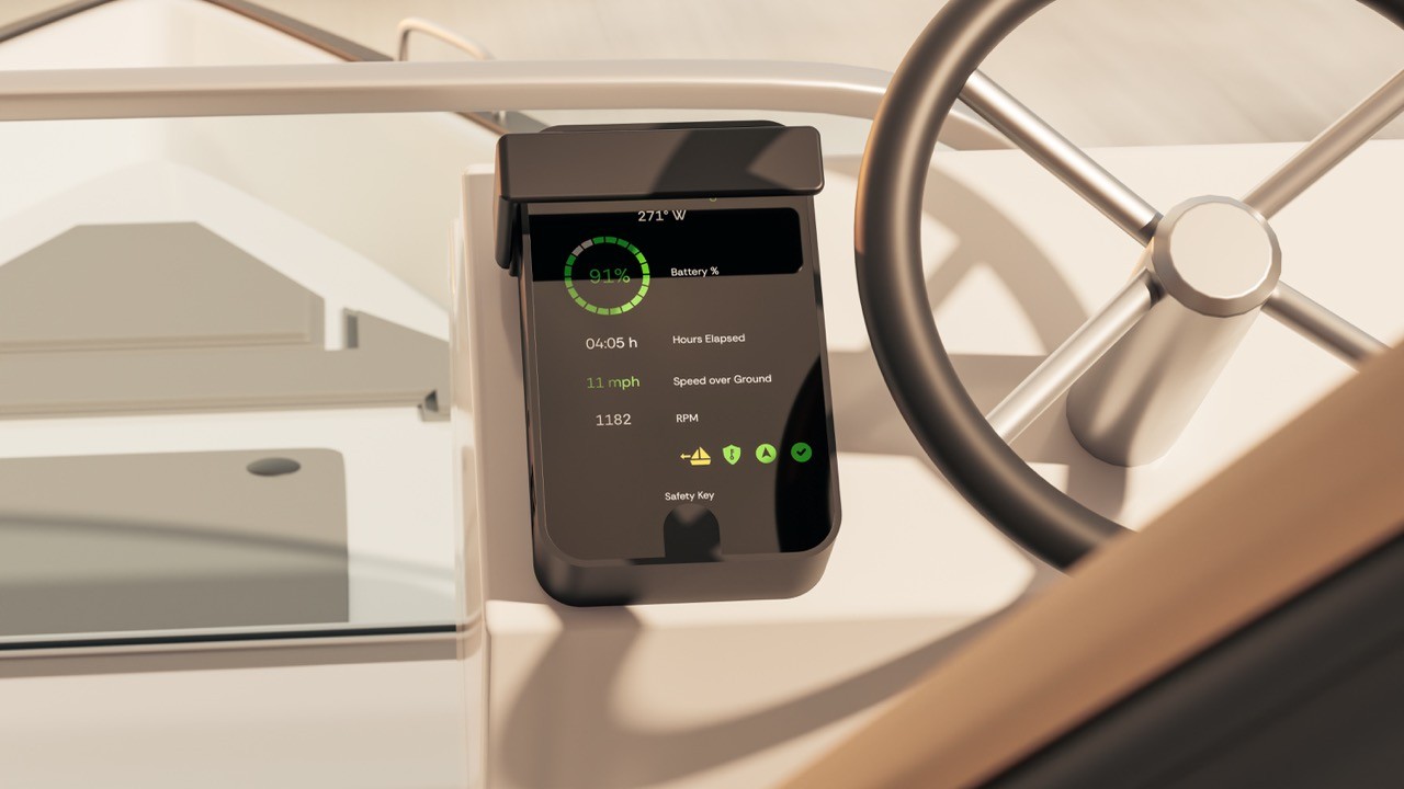 Blade outboard motor control display mounted beside a boat's steering wheel, showing 91% battery, 04:05 hours elapsed, 11 mph speed over ground, 1182 RPM, and a Safety Key icon.