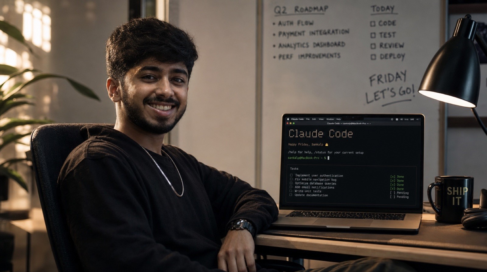 Sankalp at a laptop with an ambitious build plan