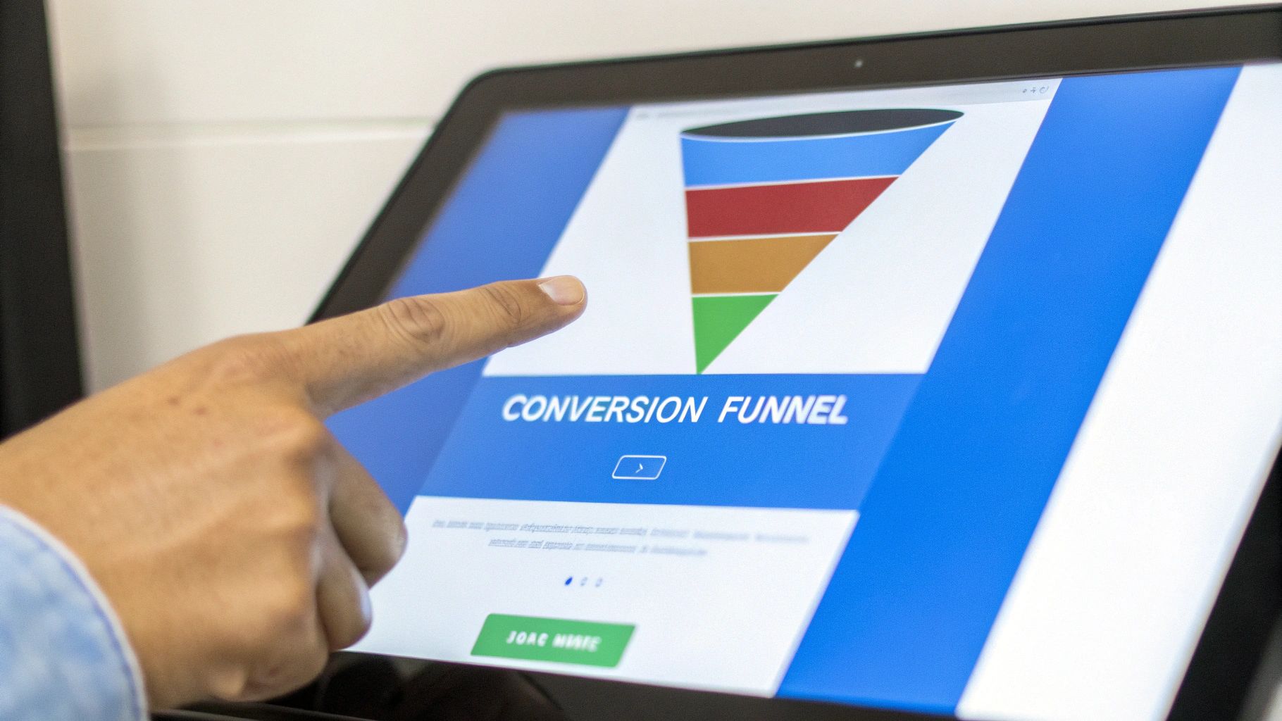 A hand points at a tablet displaying a conversion funnel diagram with colored layers.