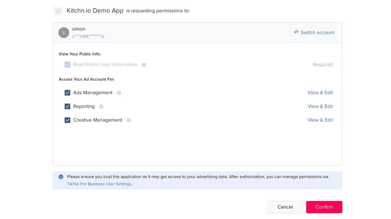 TikTok Business permission screen showing Kitchn.io Demo App requesting access for ads management, reporting, and creative management