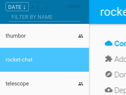 Application list interface with project filtering and selected Rocket.Chat application entry
