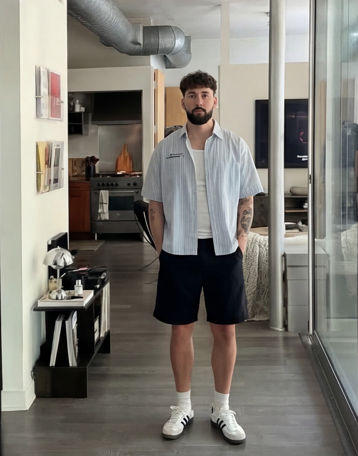 Light Blue Striped Shirt with Black Shorts