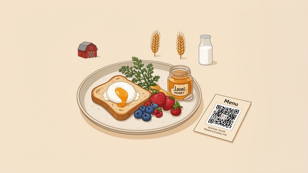 A farm-fresh breakfast spread with poached egg toast, berries, local honey, milk, and a barn.