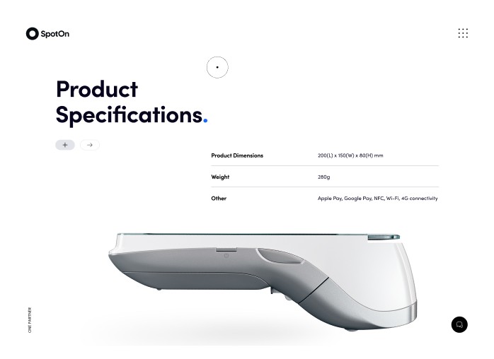 “Product specifications page displaying hardware dimensions, weight, and supported features for a payment terminal device.