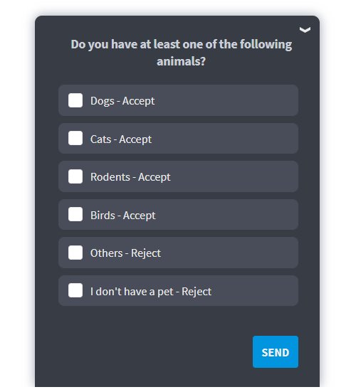 A dark-themed form asking about pet ownership with several animal options and a 'Send' button.