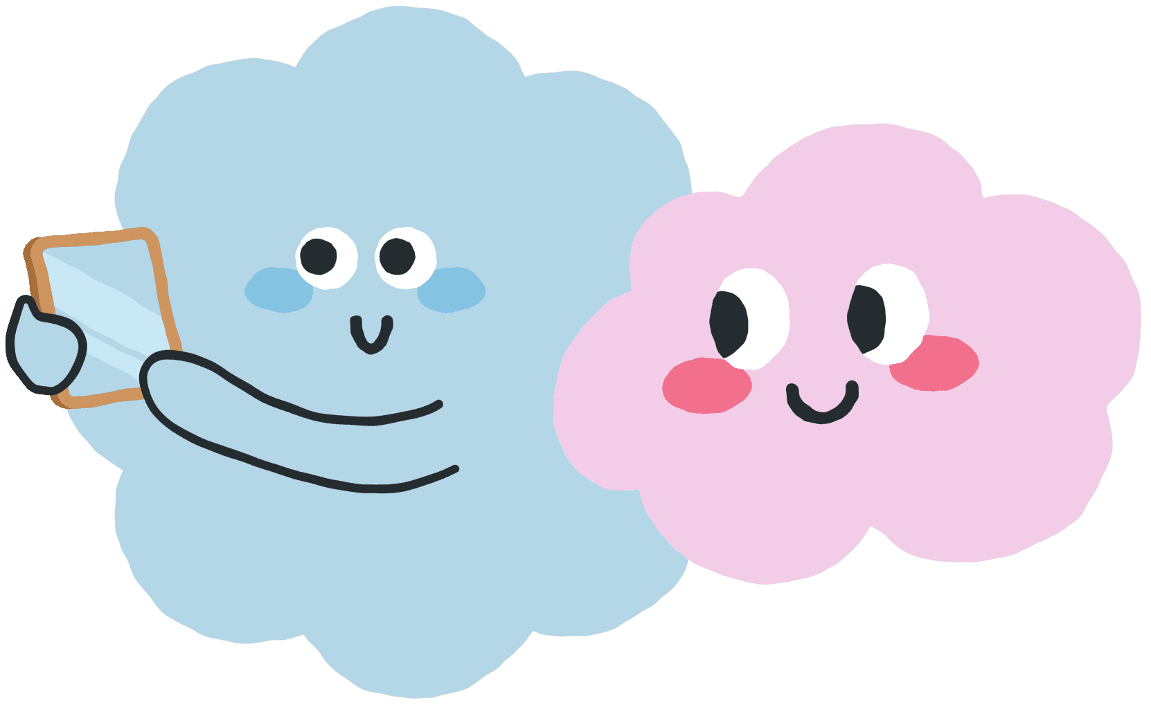 Mascotte nuage bleu et rose ensemble entrain de choisir un cadre.