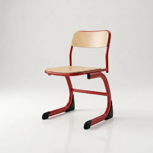 Classic school chair with red metal frame and wooden seat for classroom projects. Made in Turkey