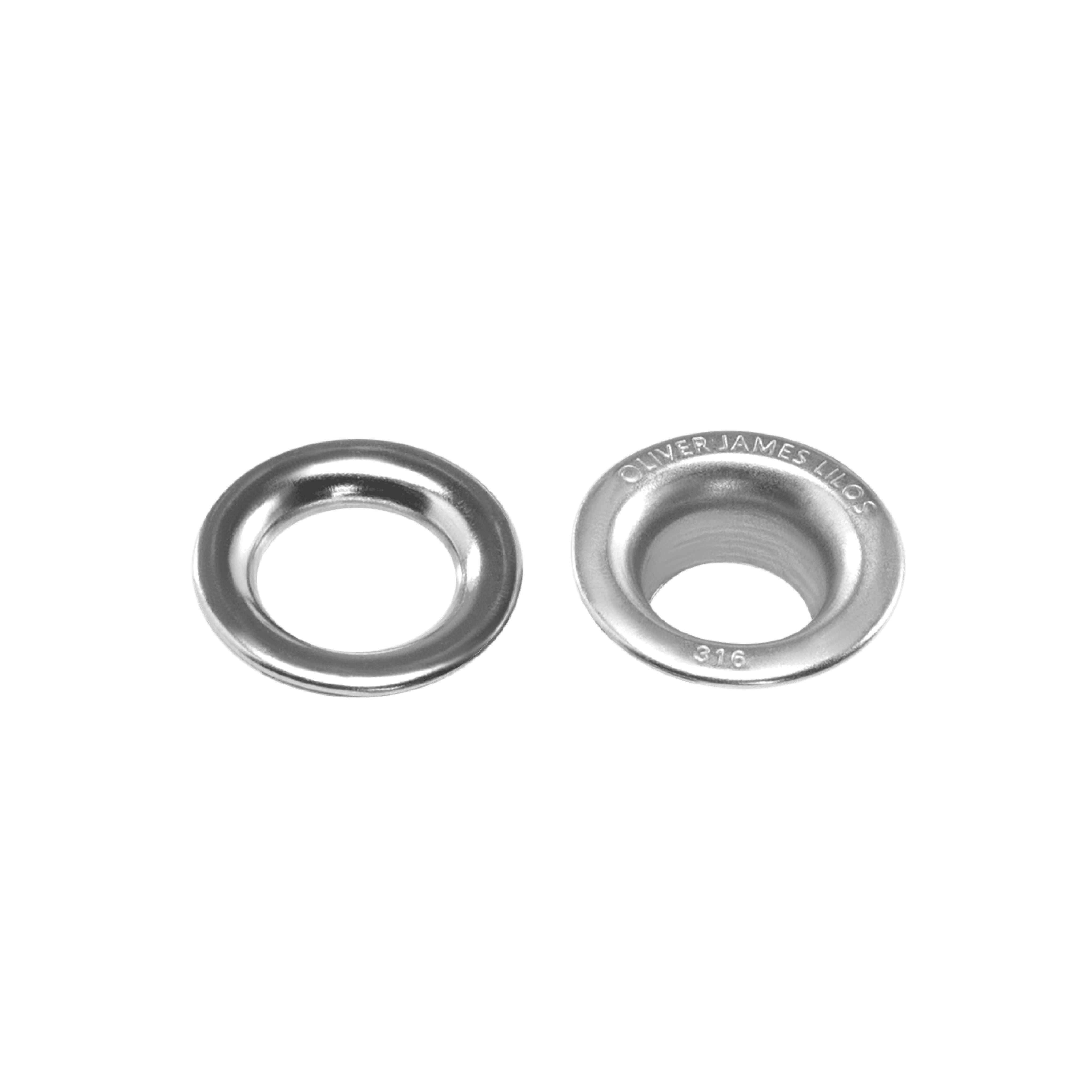Pair of branded 316 stainless steel eyelets engraved with ‘Oliver James Lilos’ — rust-resistant marine-grade finish for float hardware.