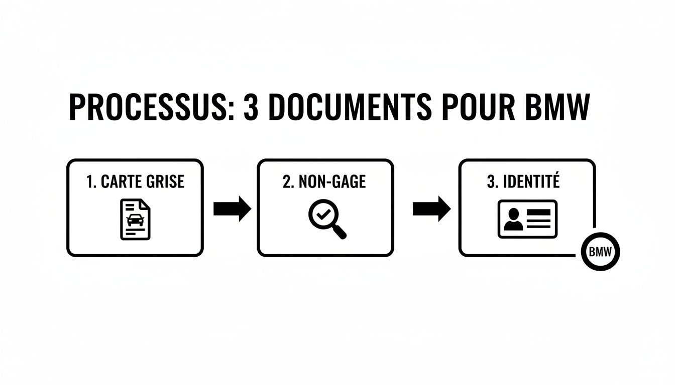 Image montrant les trois documents nécessaires pour un processus BMW : carte grise, non-gage et pièce d'identité.
