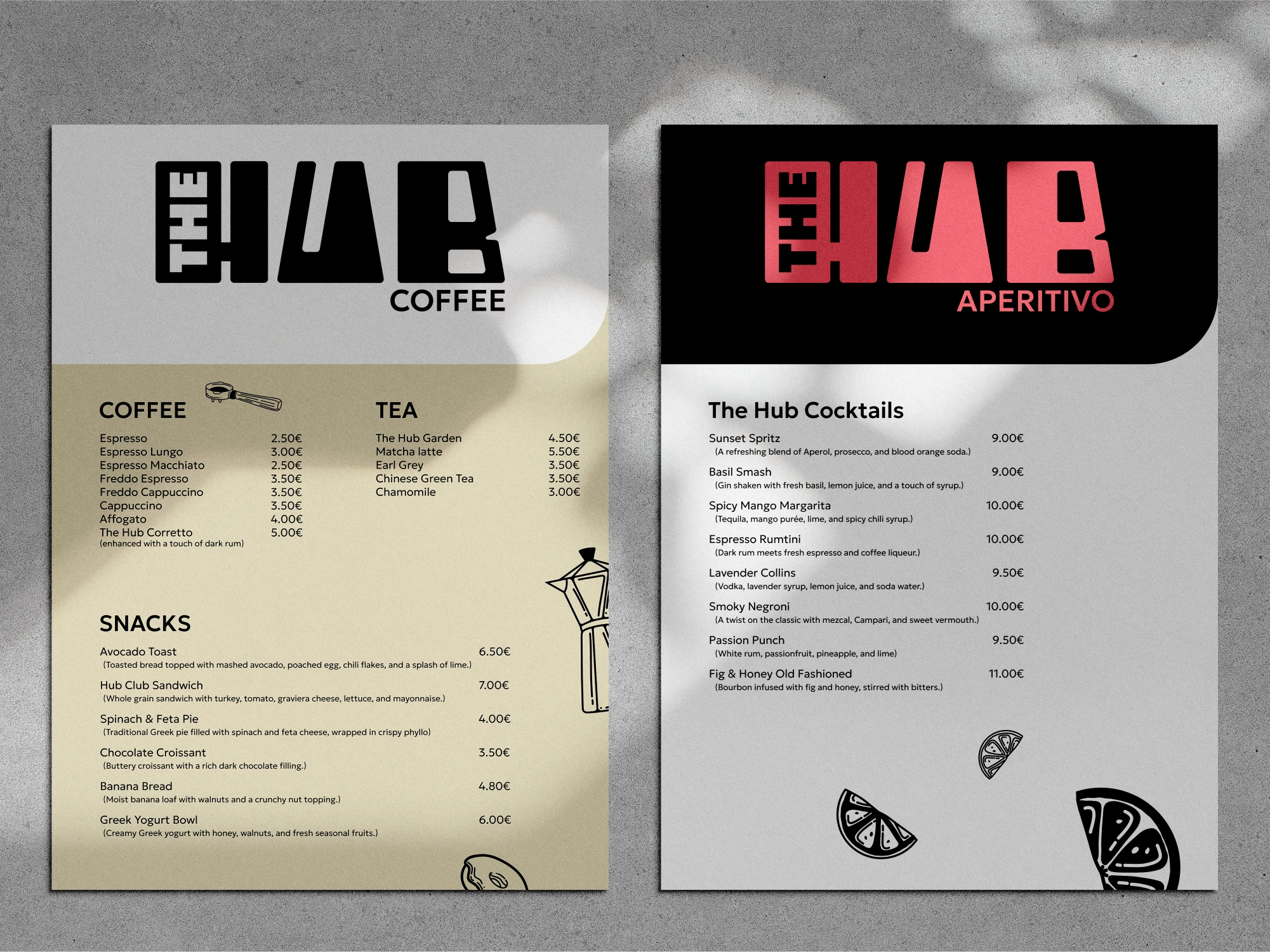 The Hub. Brand design project, coffe and Aperitivo menus.