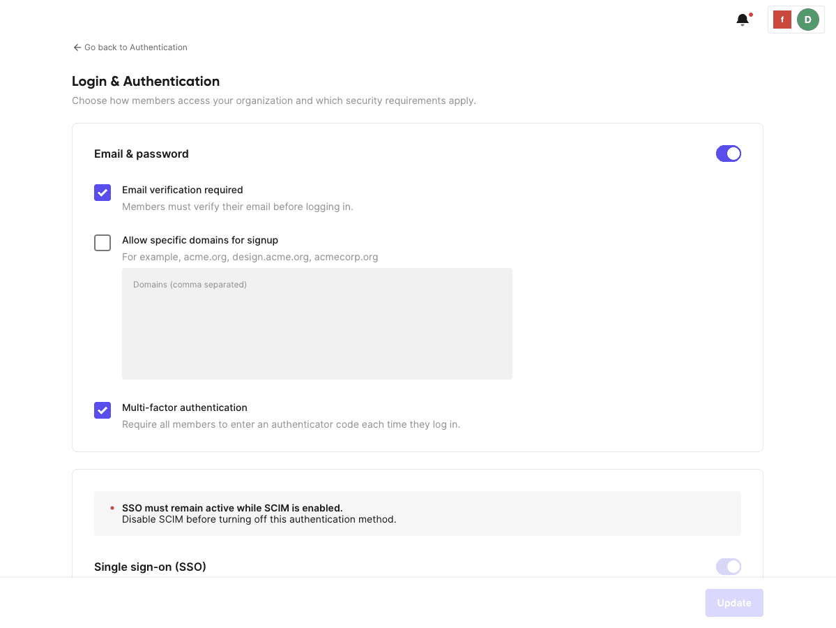Login & Authentication — Multi-factor authentication will be available if Email & Password is enabled