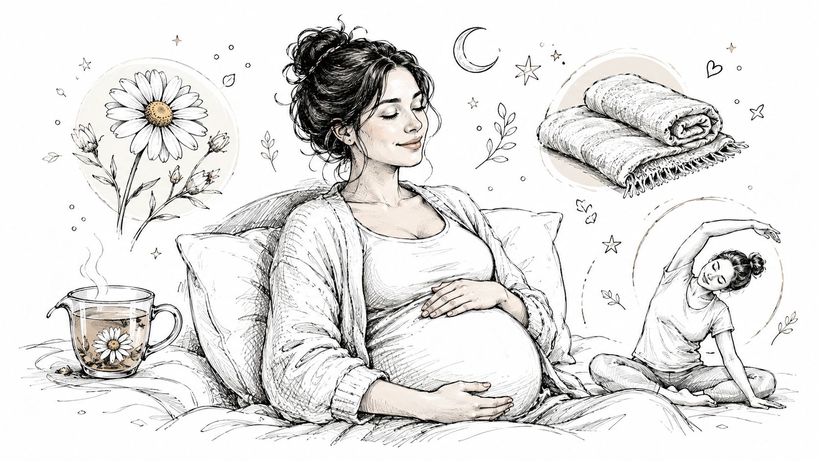A serene pregnant woman resting in bed, surrounded by icons of herbal tea, flowers, and gentle stretching.