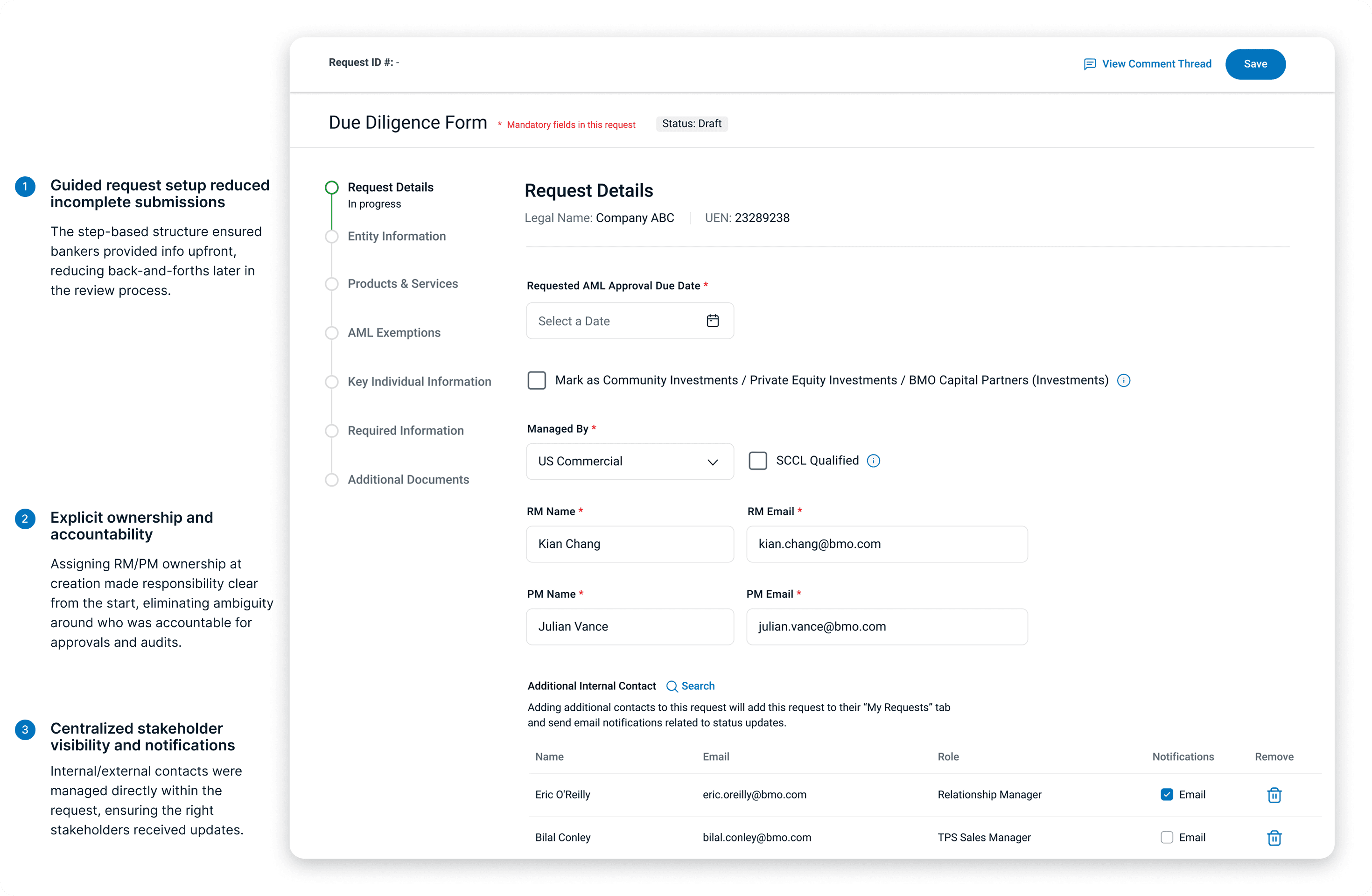 Step-based due diligence form showing guided workflow navigation, ownership fields, and structured request details section.