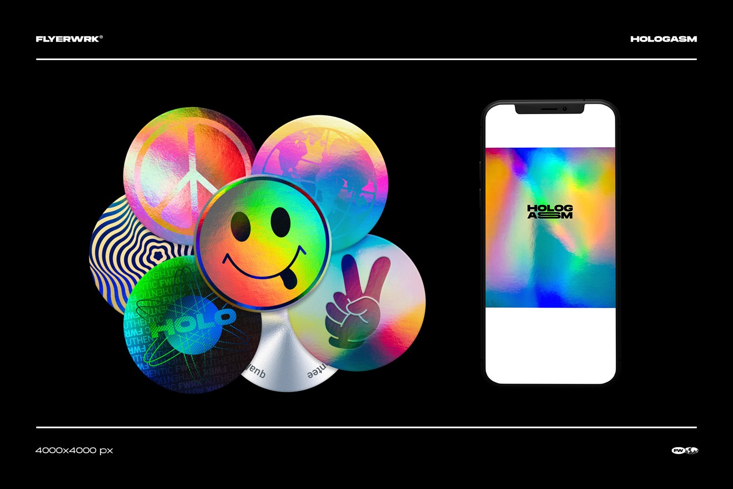 Hologasm iridescent backgrounds used on circular stickers and mobile screen for a modern branding preview