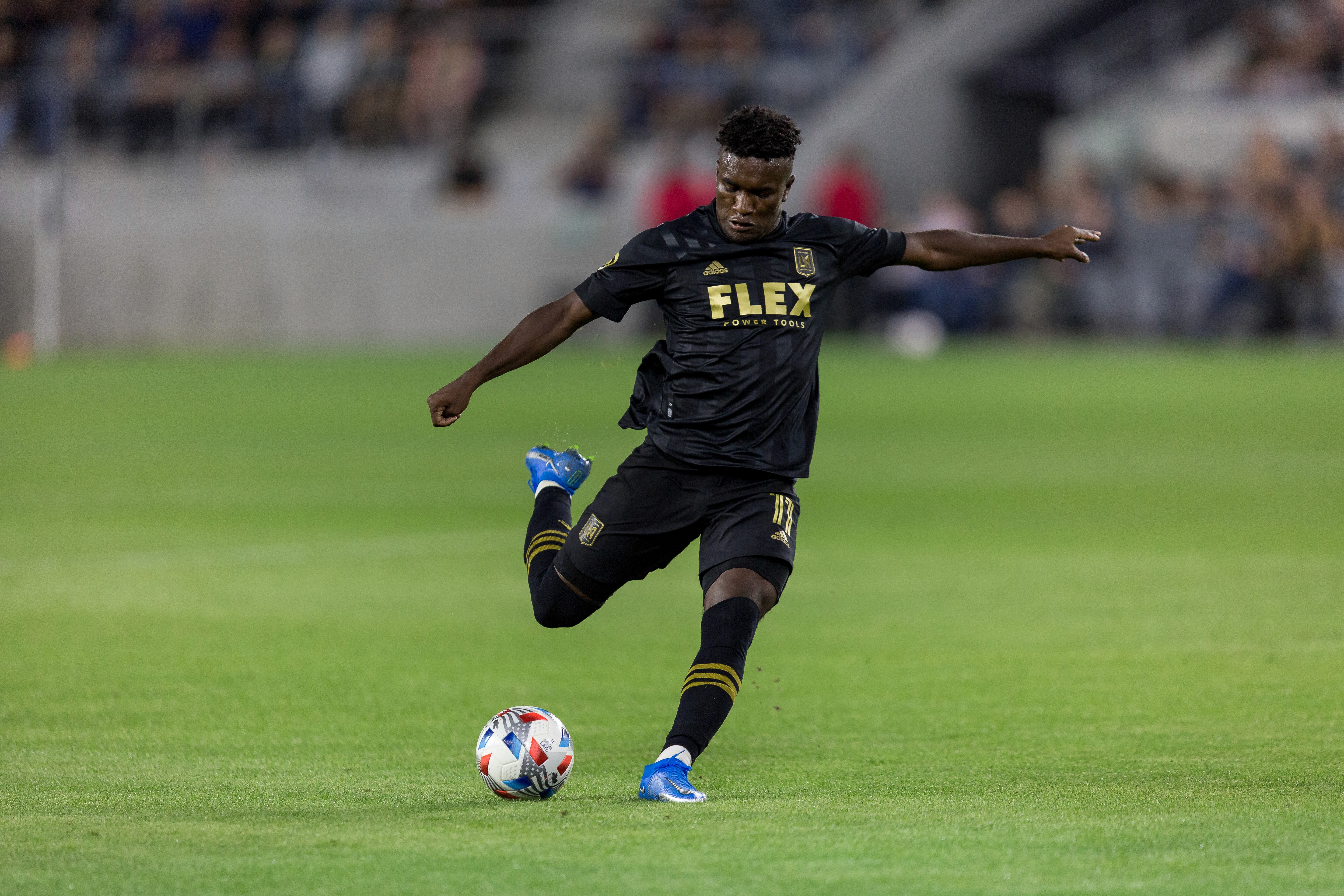 José Cifuentes center midfielder LAFC taking a shot on goal match day photo by Johnny Baru Media on assignment for Urban Pitch in Los Angeles CA