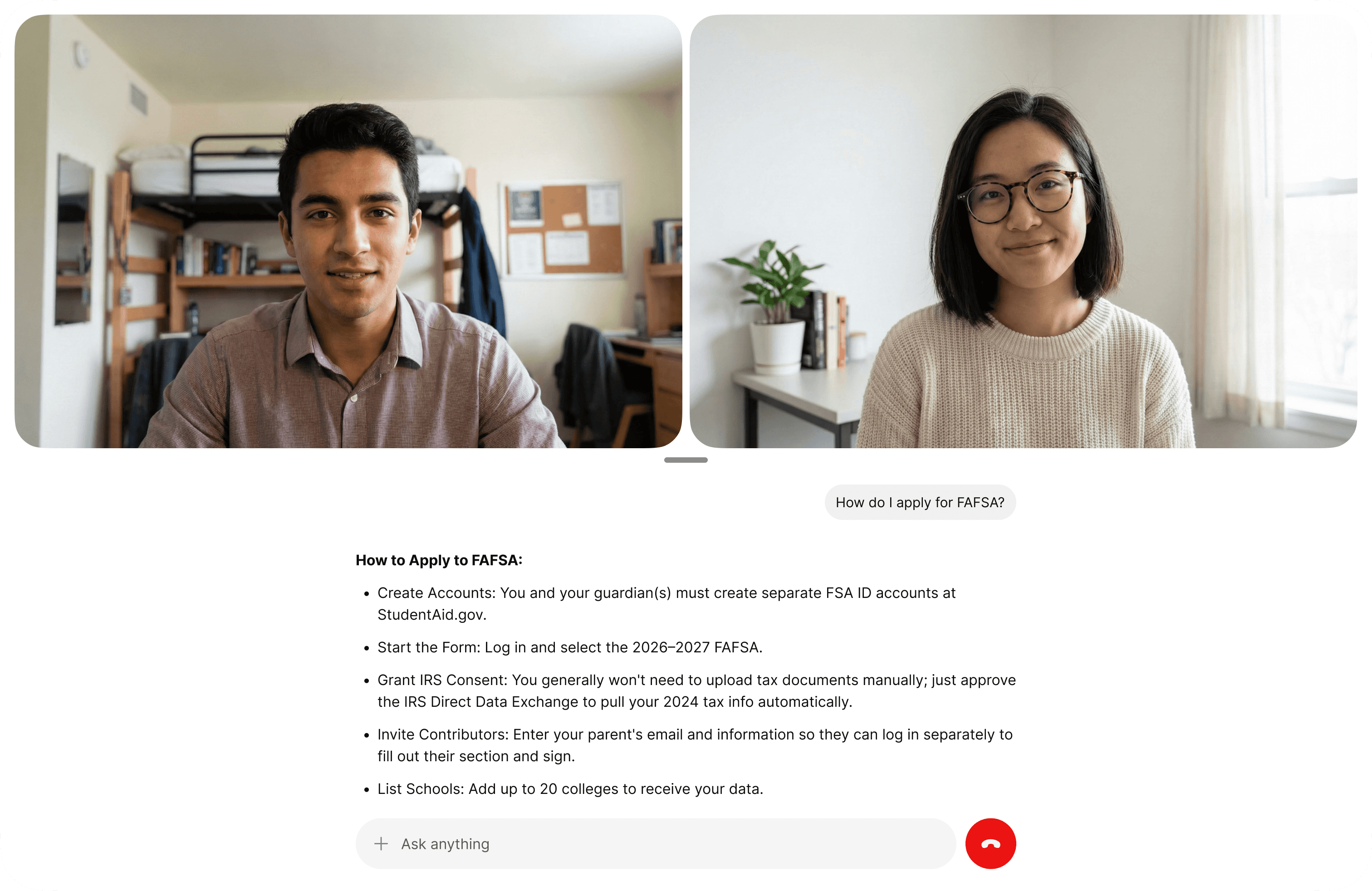 Two students are video chatting in their dorm rooms, with a text overlay providing instructions on how to apply for FAFSA, including steps like creating an account and logging in to fill out the 2023-2024 FAFSA form.