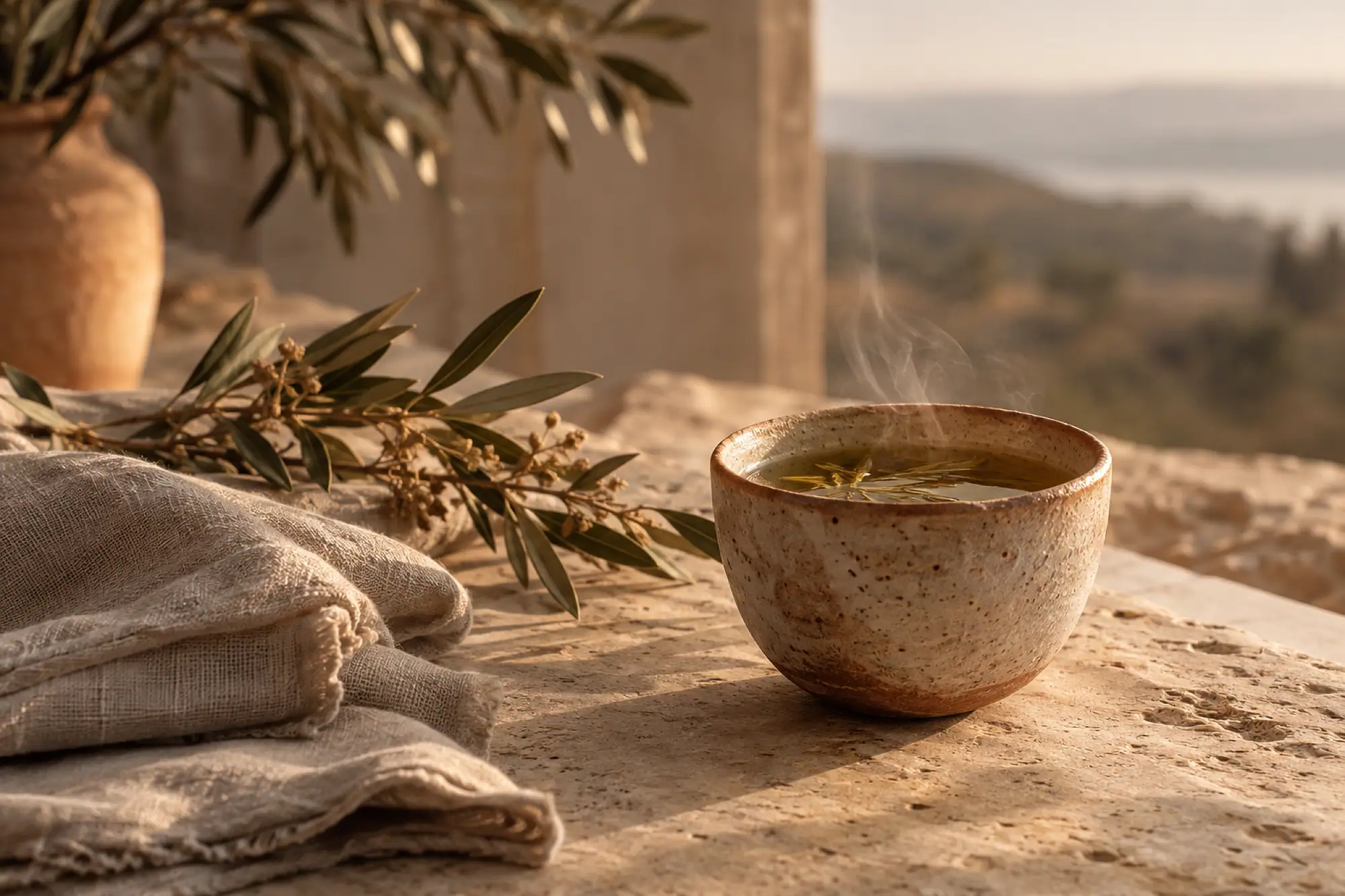 A ceramic cup of herbal tea beside a dried olive branch and folded linen