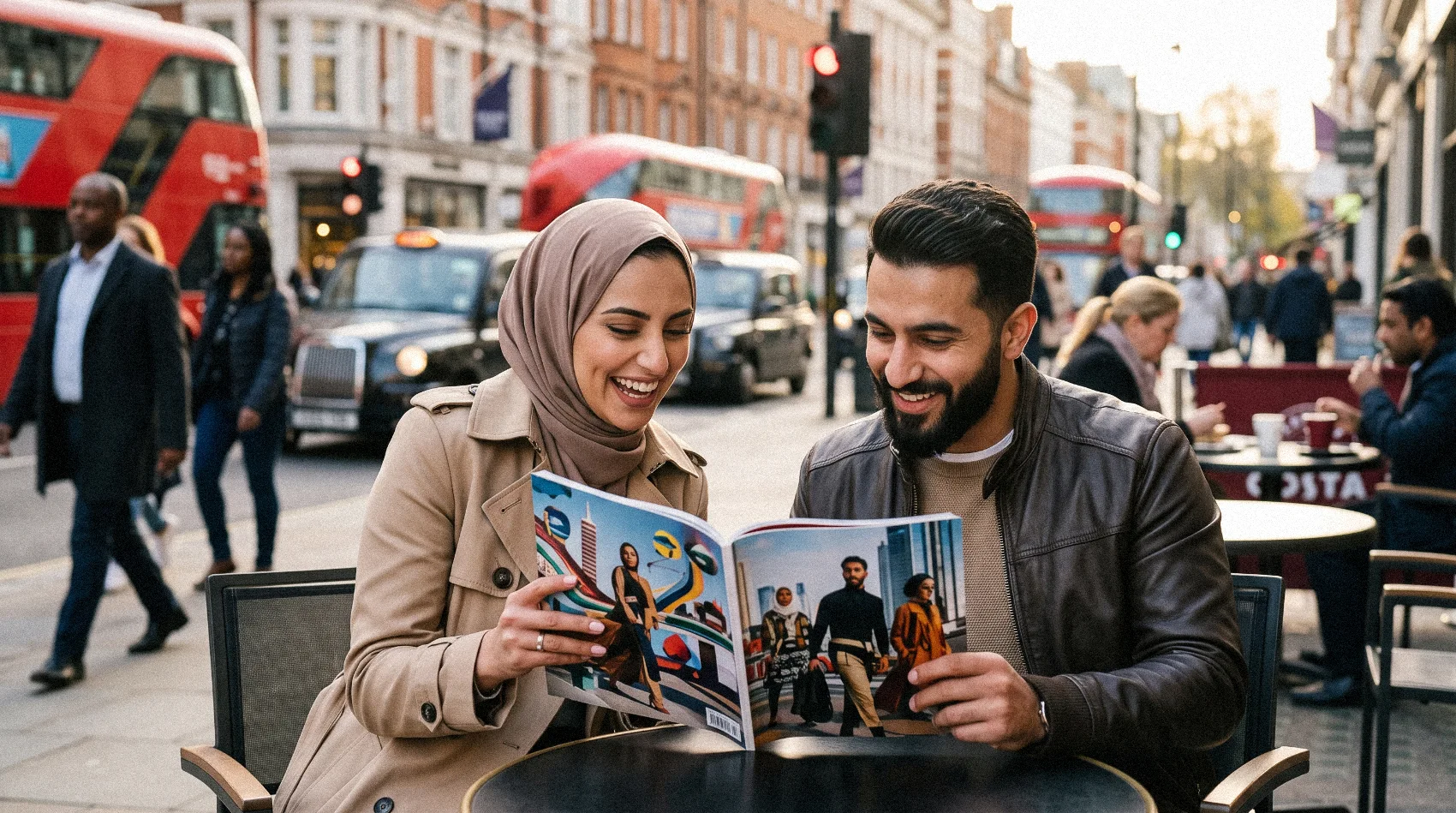 Young Arab couple in hijab reading fashion magazine together at outdoor Costa cafe in London with red buses