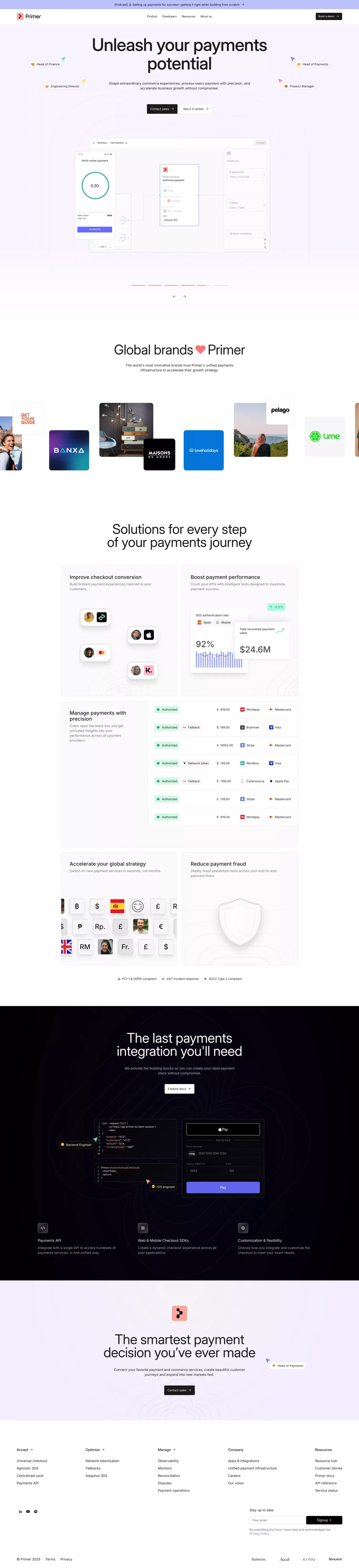 The unified infrastructure for global pa landing page screenshot showcasing Finance and Tech design