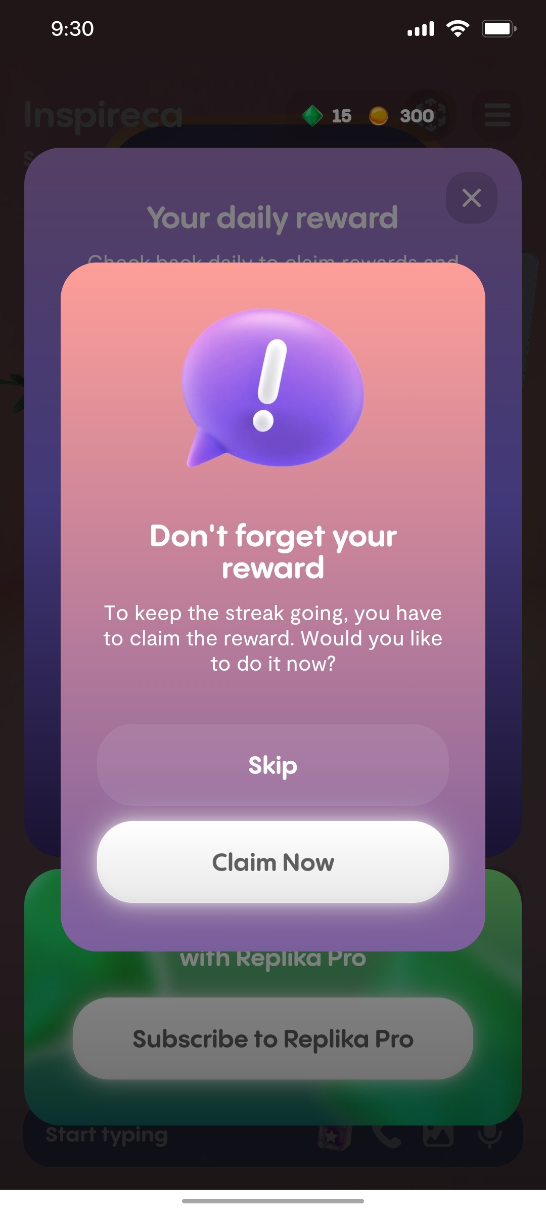 Replika Claim rewards screen