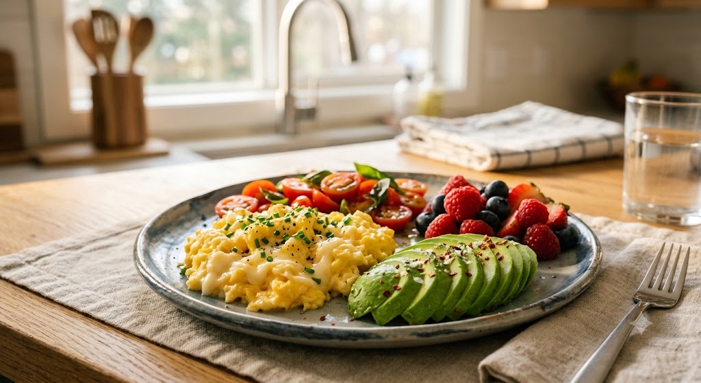 A high-protein breakfast featuring fluffy scrambled eggs with melted cheese, sliced avocado, cherry tomatoes, and a side of fresh mixed berries on a ceramic plate, captured in a clean modern kitchen with warm morning light.