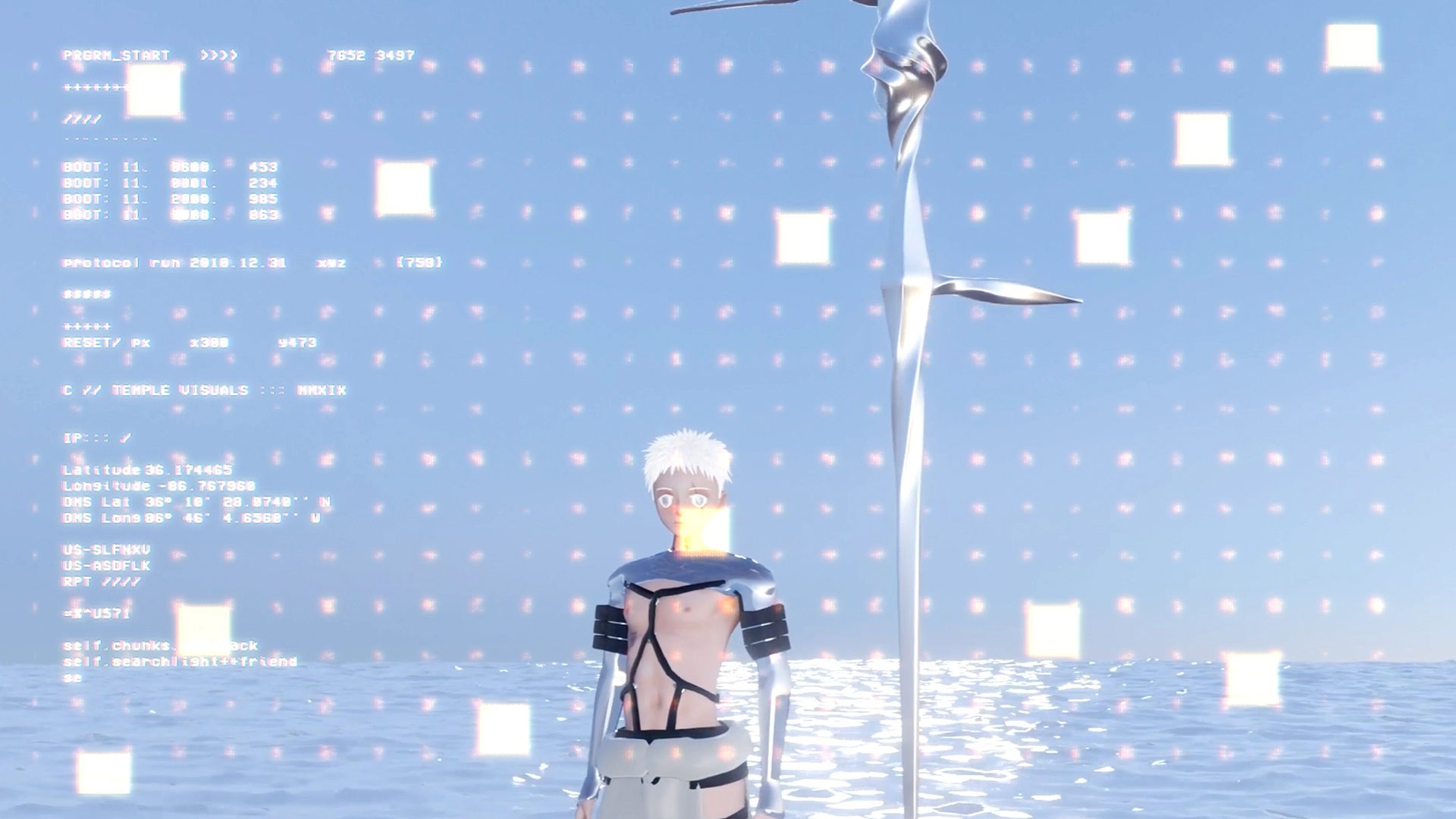 A stylized anime-style character with white hair stands facing forward against a light blue background with scattered white squares. The character wears a dark sleeveless top and light-colored shorts, with dark shoulder pads. A tall, thin, light-colored object extends upward from the right side of the frame. Text in the upper left corner includes “PROGRAM_START”, “BOT:”, “BOT:”, “PROTOCOL_GEN_2018.12.31”, “BOT:”, “RESET/PX”, “C/TEMPLE_VISUALS:”, “IP:”, “Latitude:36.174465”, “Longitude:36.767969”, “DMS:LON:45° 46’ 8.7749””, “US:SLFNXU”, “US:ASDFLK”, “RPT:X”, “self:chunks”, “self:searchlight3+friend”, and “self:X-7571”. The background includes light blue water with reflections.