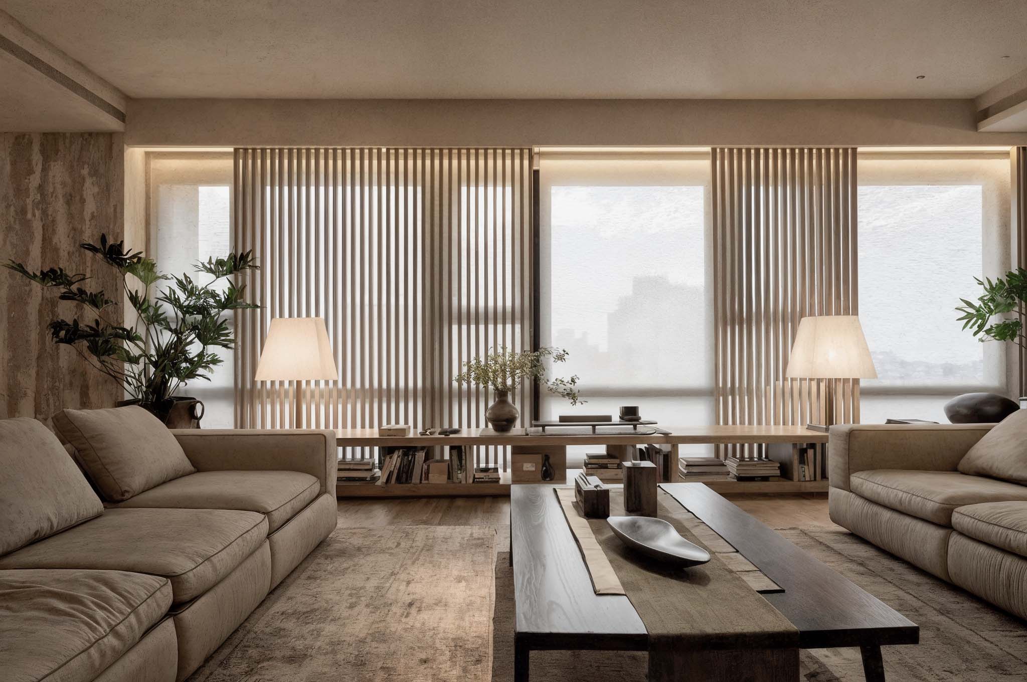 日式風格客廳布置兩組沙發與中間茶几，百葉窗濾光營造寧靜溫潤氛圍