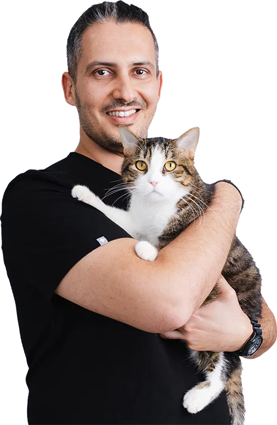 A veterinarian is keeping a cat close to his chest.