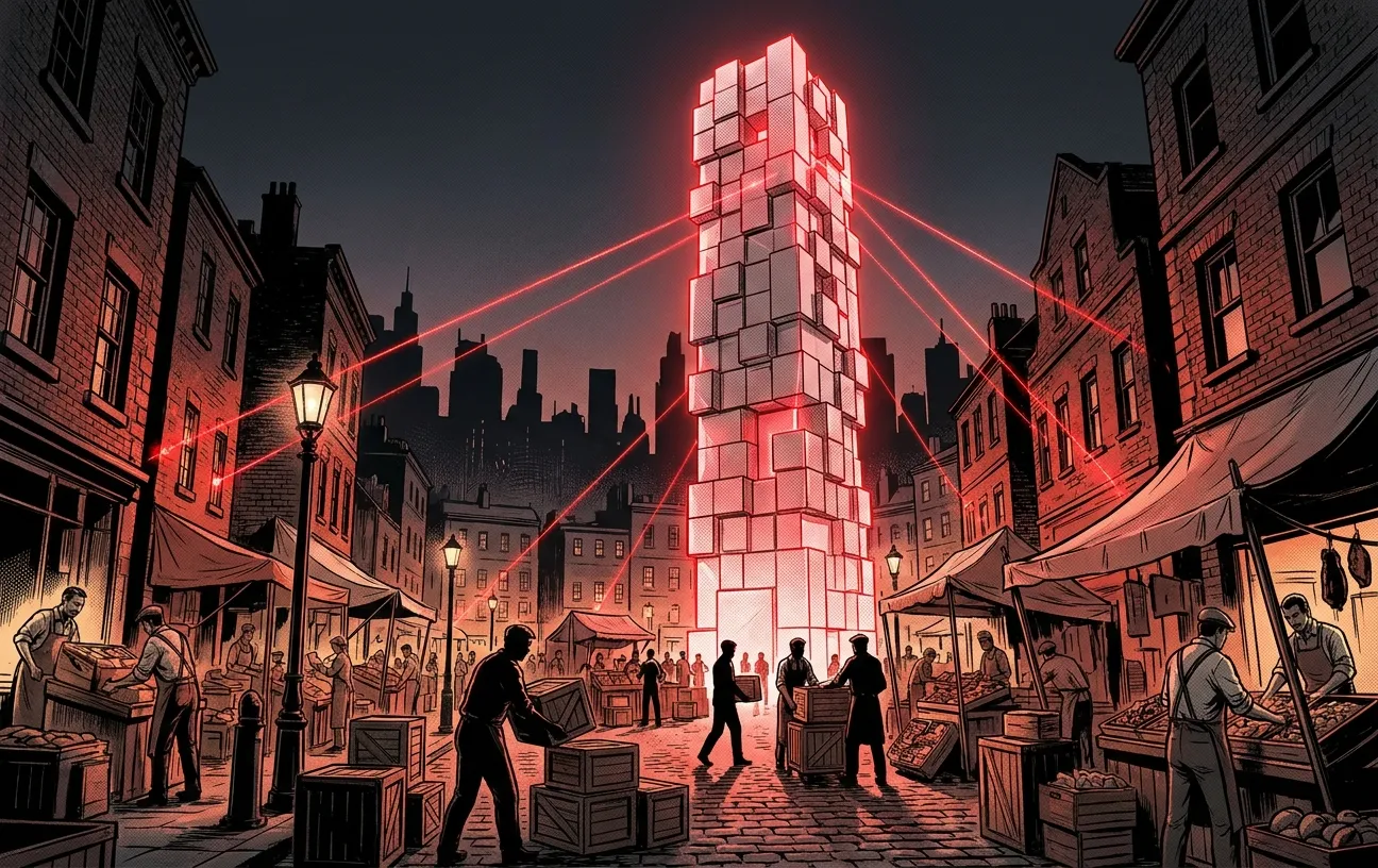 RockN' Socials' tower illuminates a market, showcasing digital marketing.