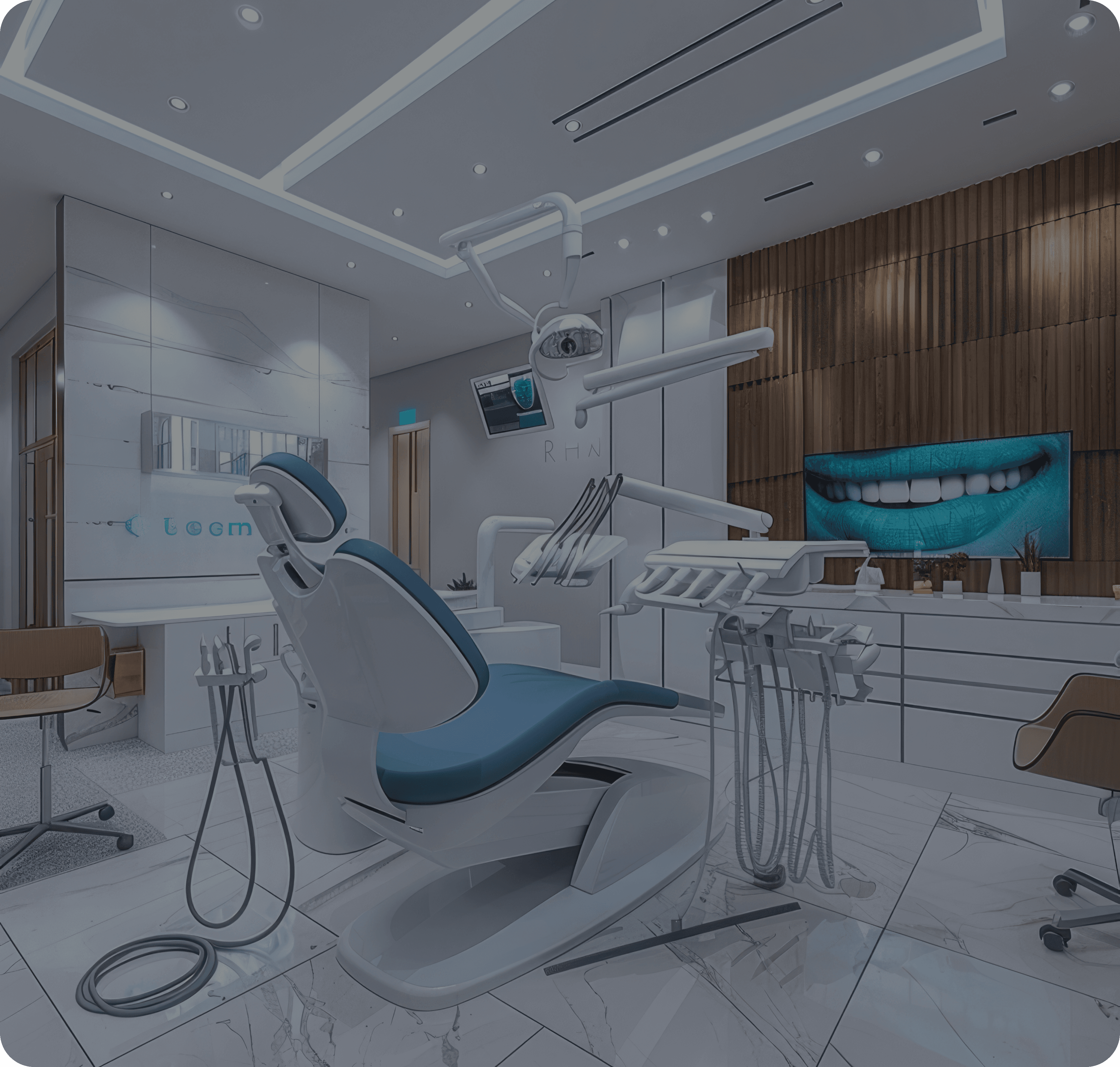 A modern dental clinic interior with a dental chair and equipment, 