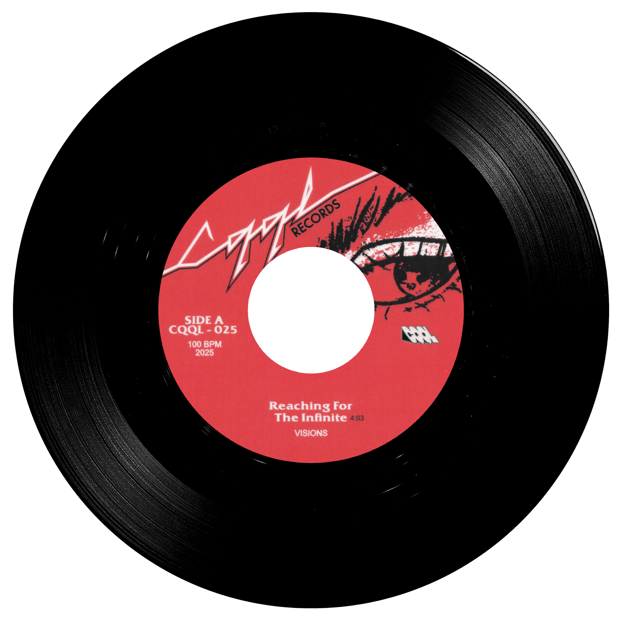 Black vinyl record with a red label featuring text and graphics on a white background