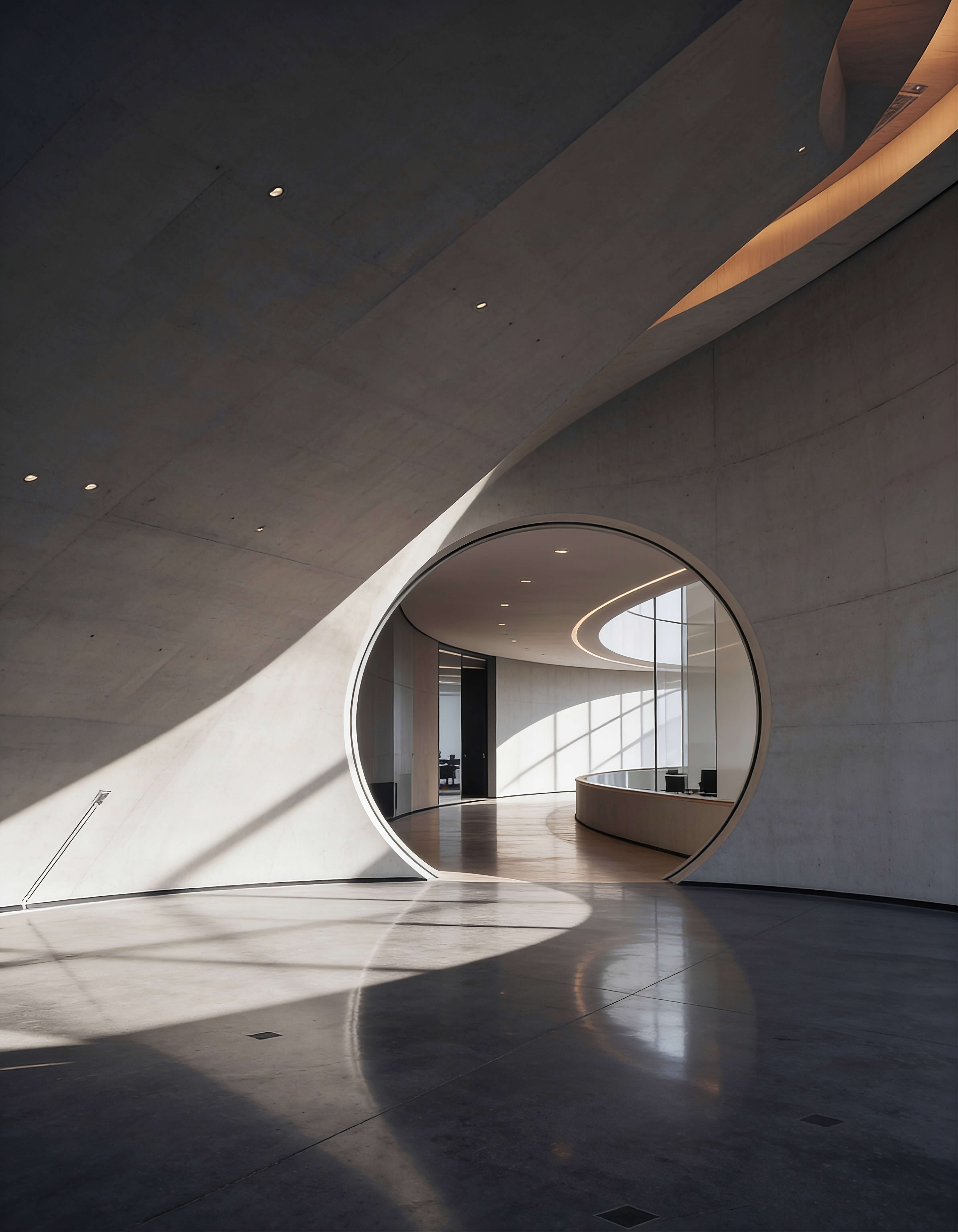 Curved white staircase with dramatic natural light in a modernist interior