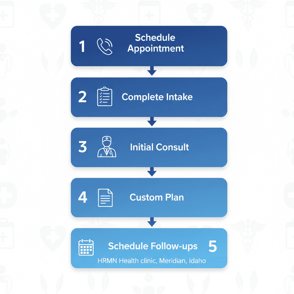 Vertical process flow diagram showing five steps to begin hormone therapy at HRMN Health.