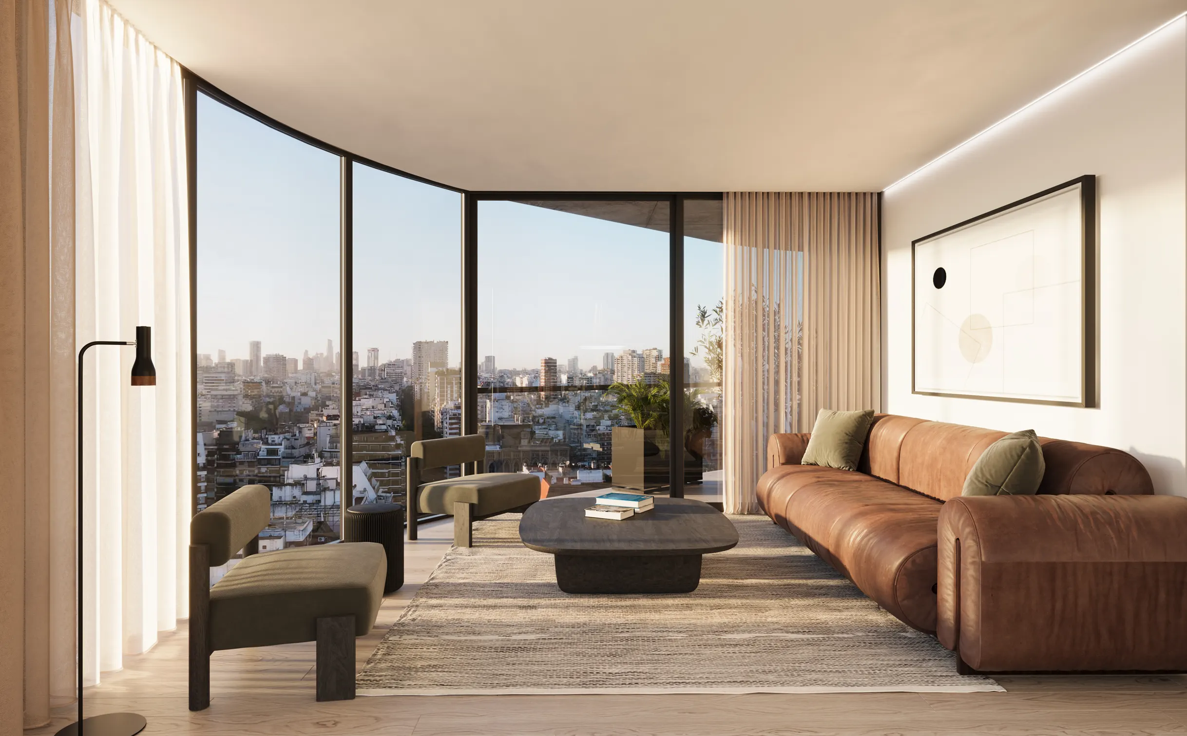 Sala de estar con ventanales curvos, sofá de cuero, mesa de café y vistas panorámicas a la ciudad