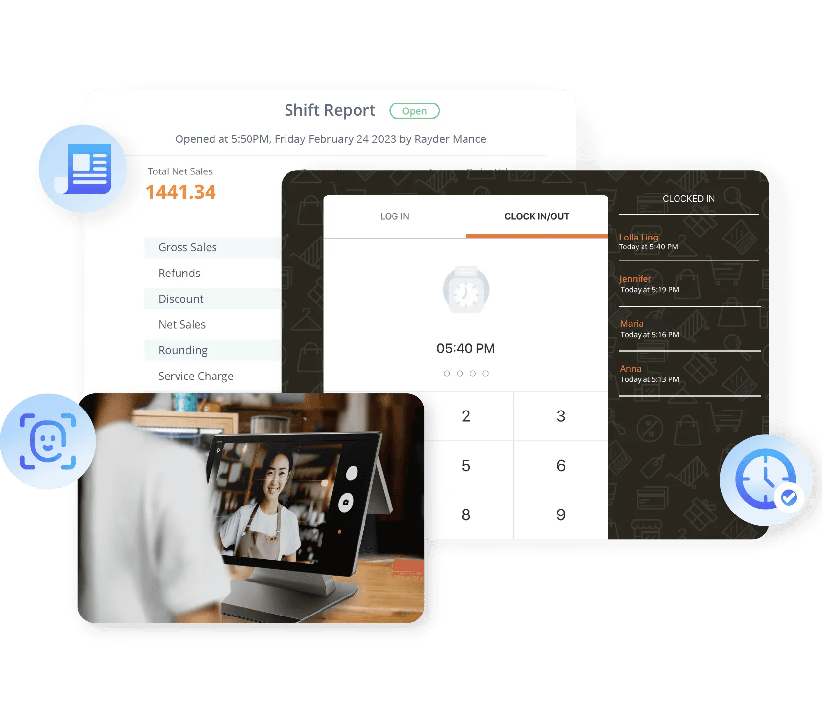 StoreHub POS staff clock-in screen with facial recognition time tracking and shift management.