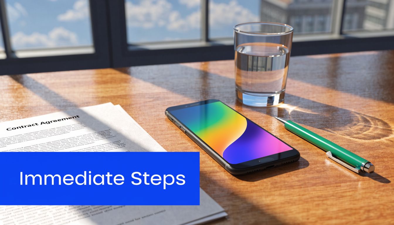 A smartphone, pen, and contract agreement are placed on a wooden desk near a glass of water.