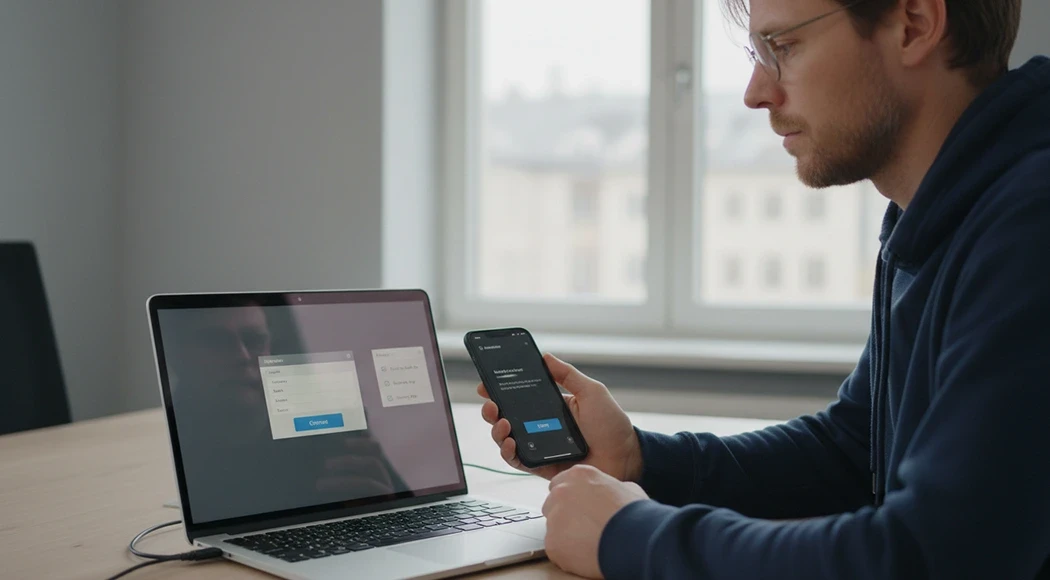 MFA-Anmeldung: Nutzer bestätigt Login am Smartphone und Laptop – Beispiel für Informationssicherheit