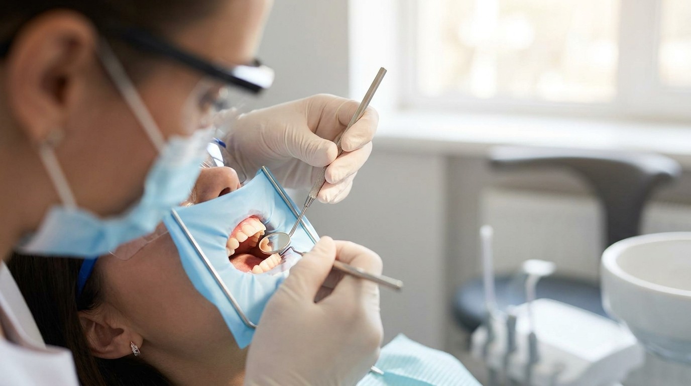 A dental hygienist gently examines a patient's gum line during a checkup at a modern dental clinic.