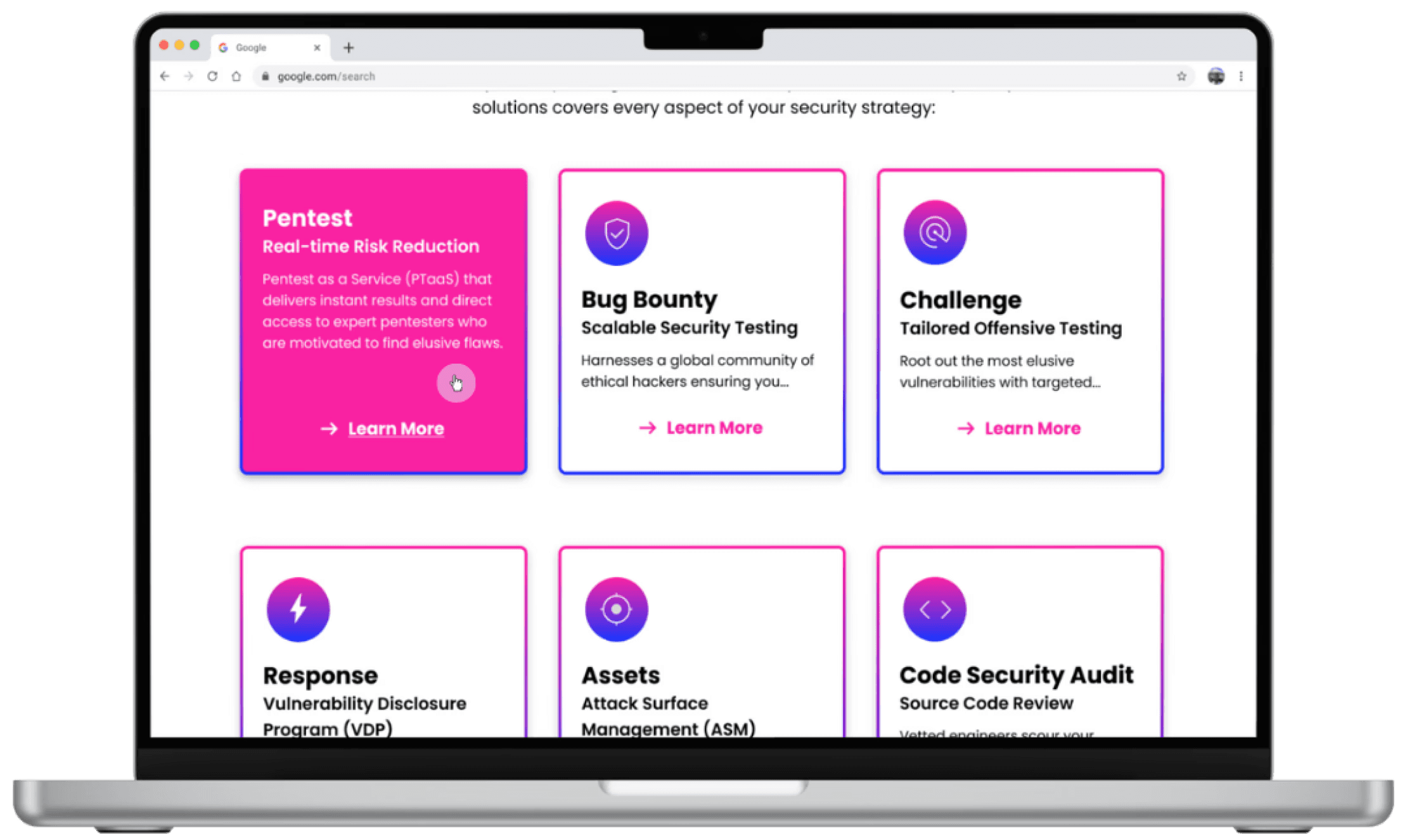 Desktop view of Hackerone's product cards in their hover state