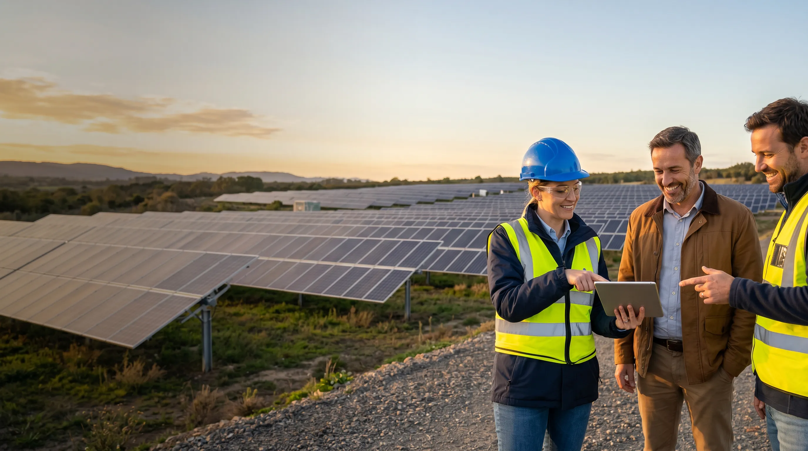 Engineer in safety gear standing beside solar panels at sunset on a solar farm site.