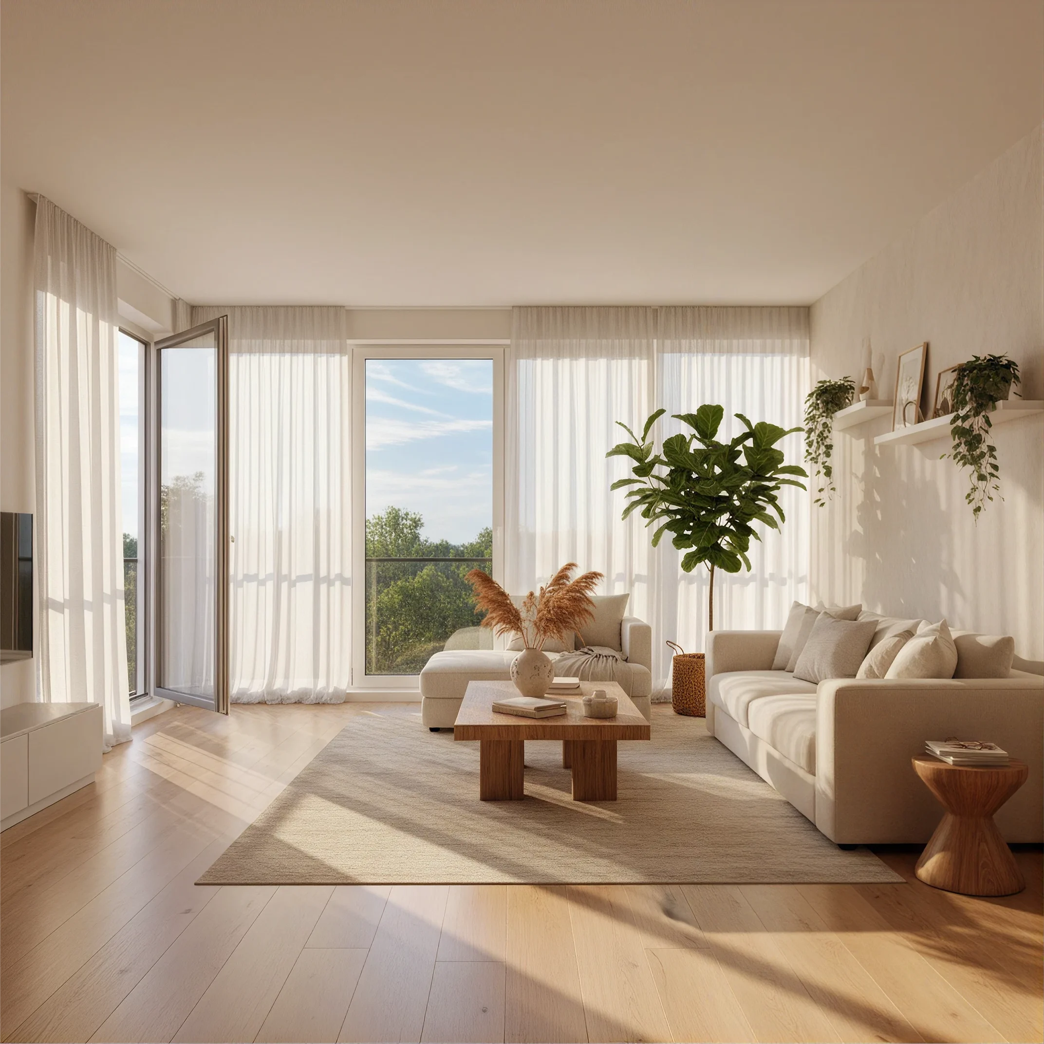 Bright living room with floor-to-ceiling windows, sheer curtains, neutral sofas, and indoor plants.