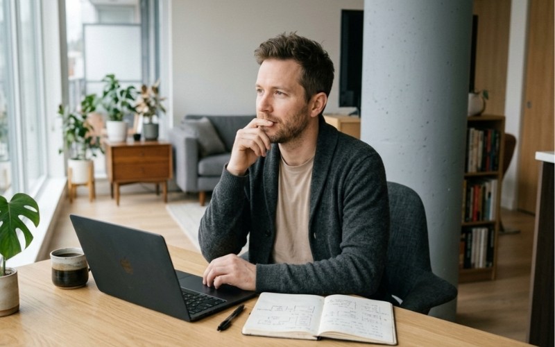 Man thinking beside laptop while exploring IQ stability across adulthood