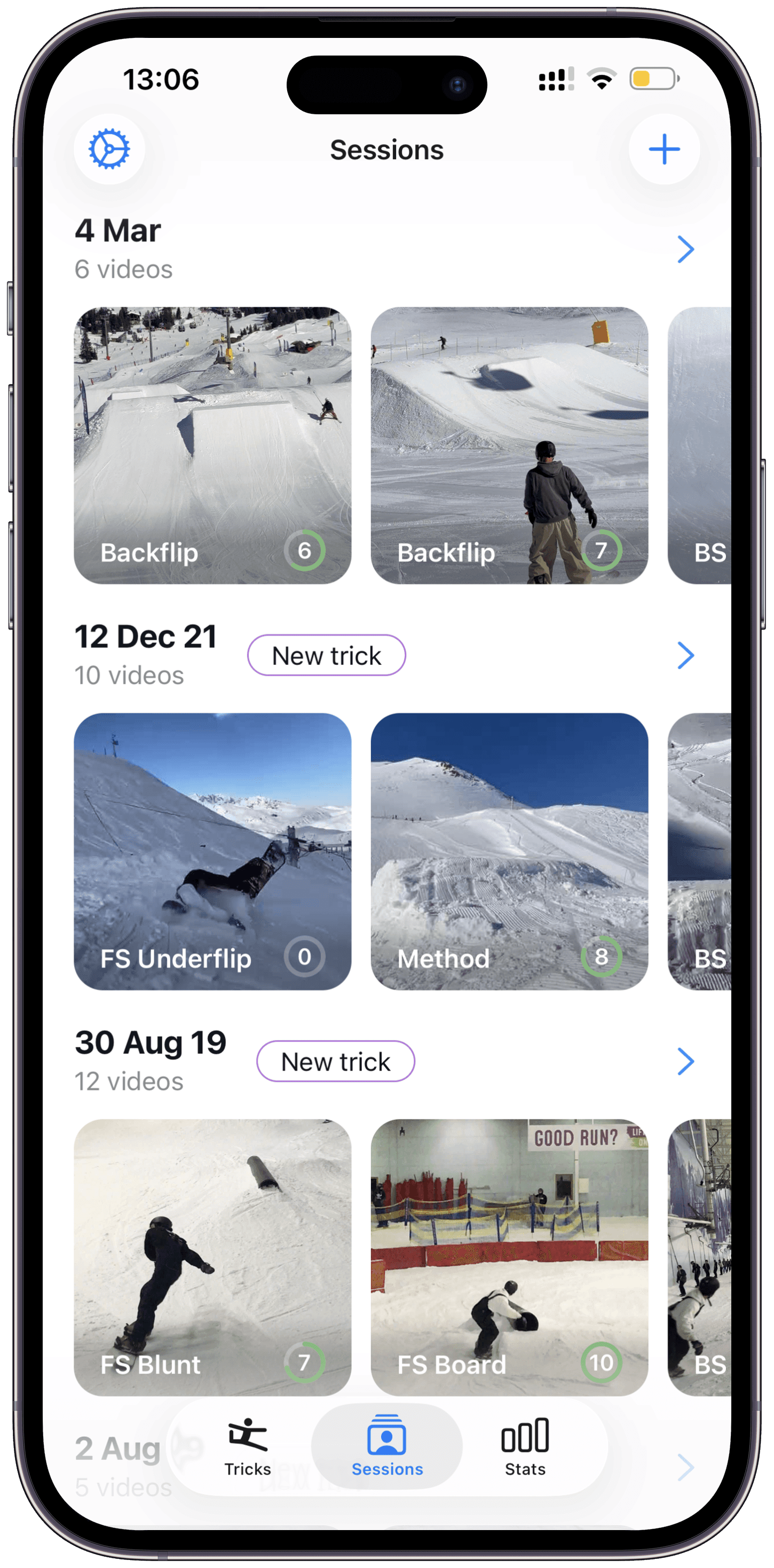 iPhone screenshot showing the TrickTrack app open on the sessions page. The sessions page is showing 3 sessions which include the date and videos for the tricks in each session.