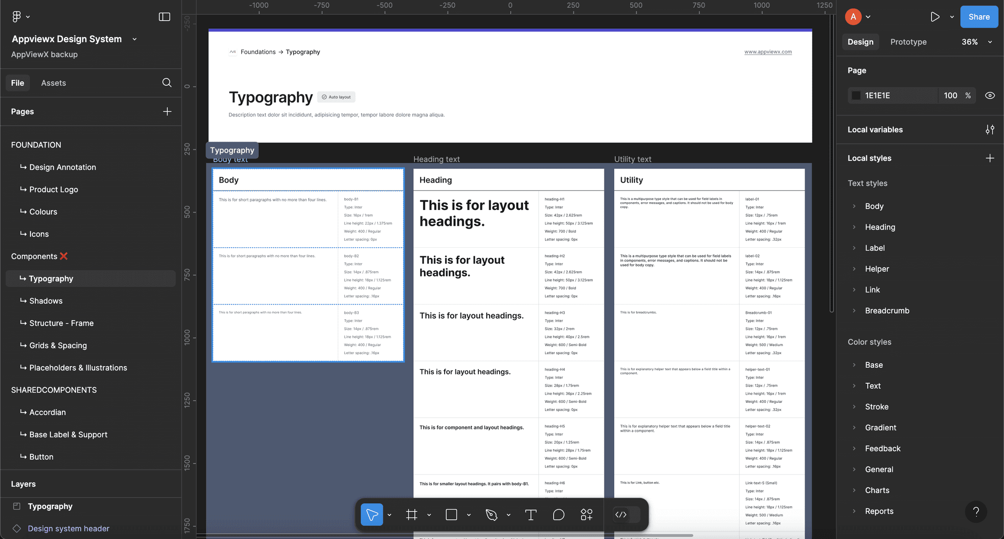 Figma screen showing typography tab in the design system designed by Ashfaaq