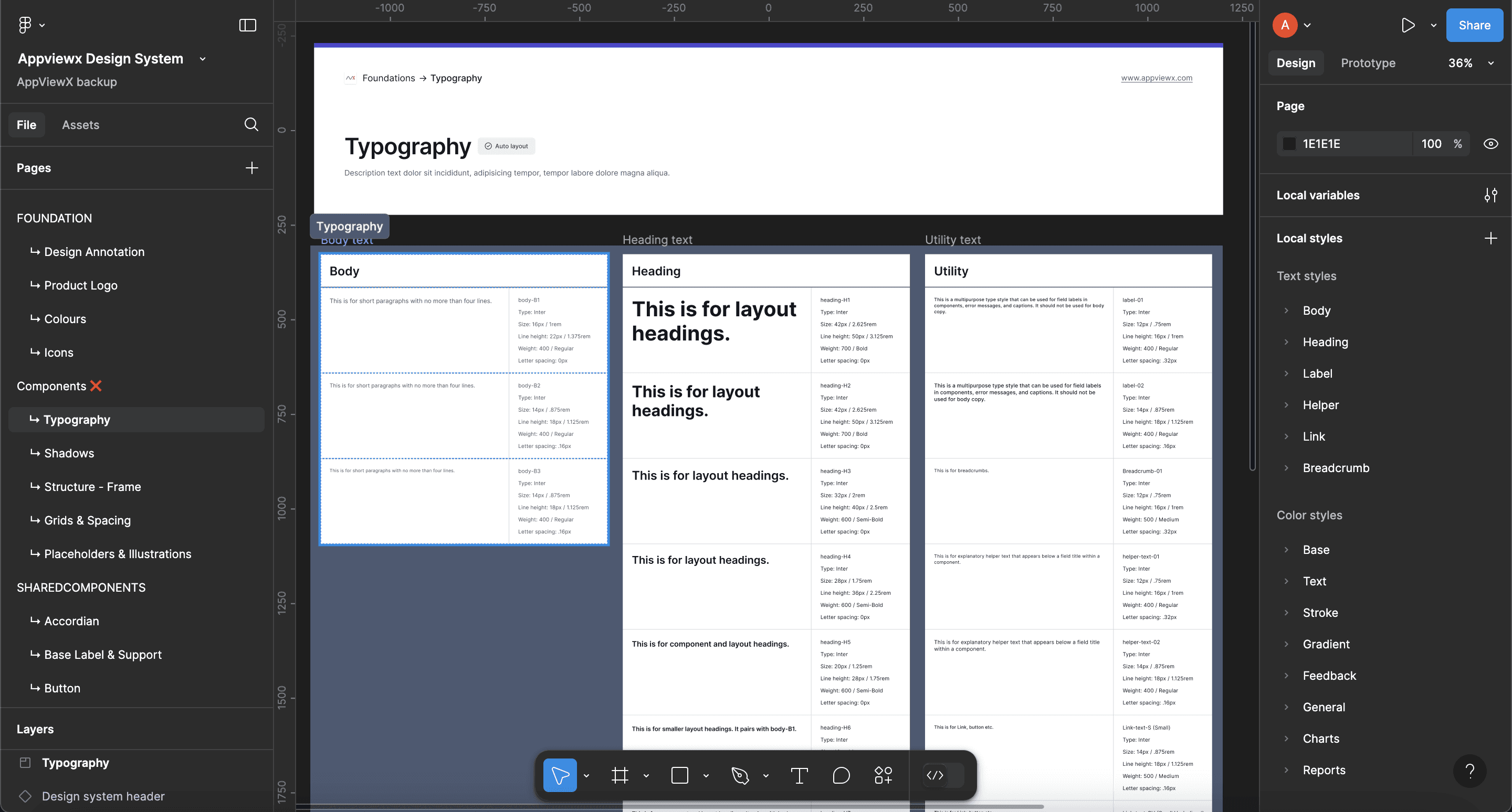 Figma screen showing typography tab in the design system designed by Ashfaaq