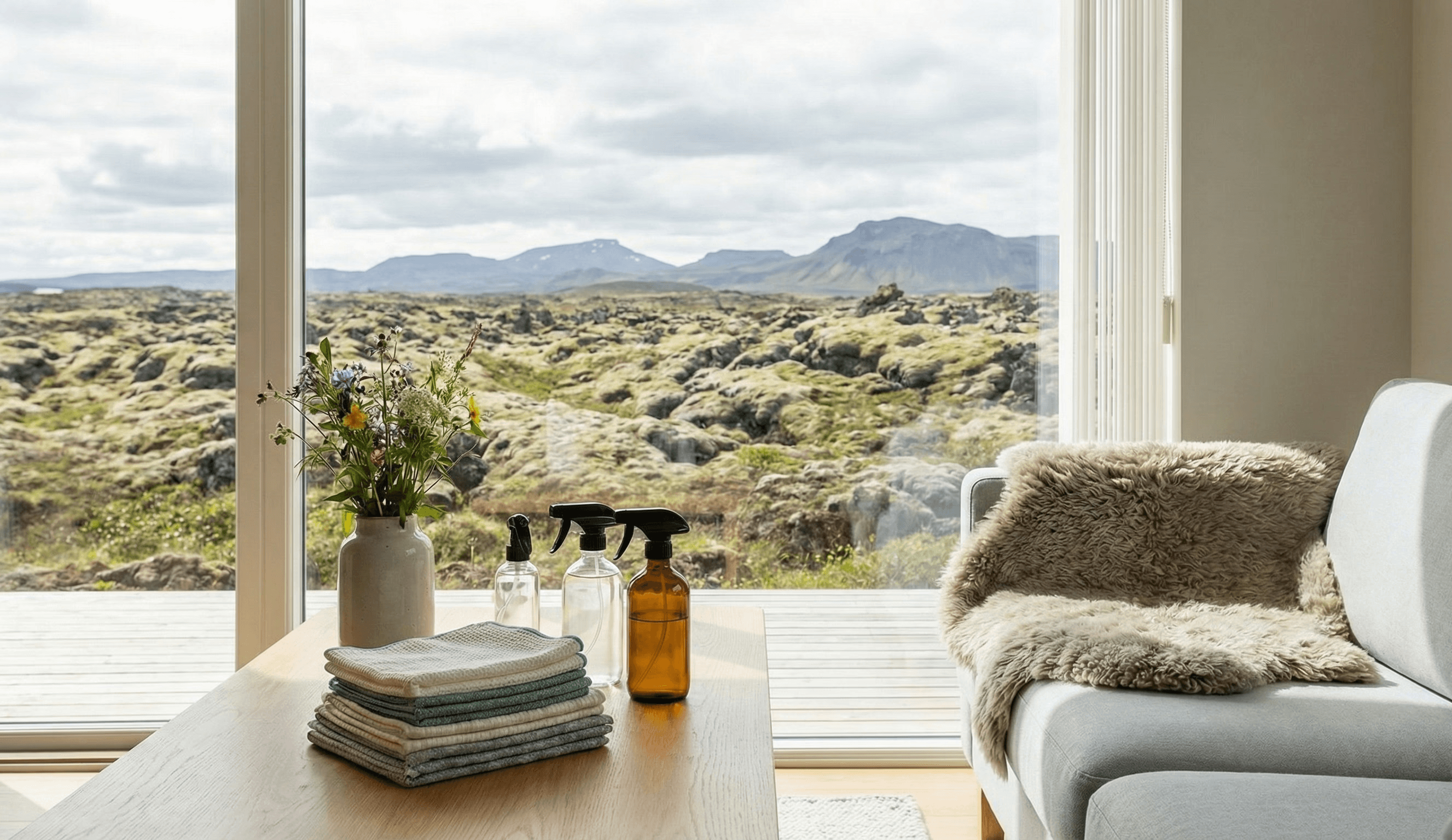 Notaleg og hrein stofa með útsýni yfir náttúru Íslands.